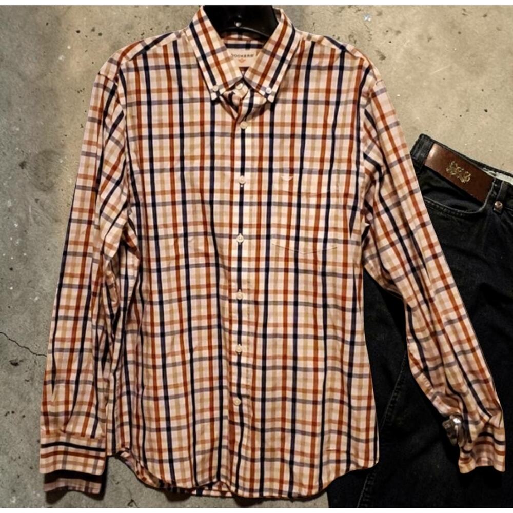Dockers XL plaid button-down long-sleeve shirt in cream, blue, and brown